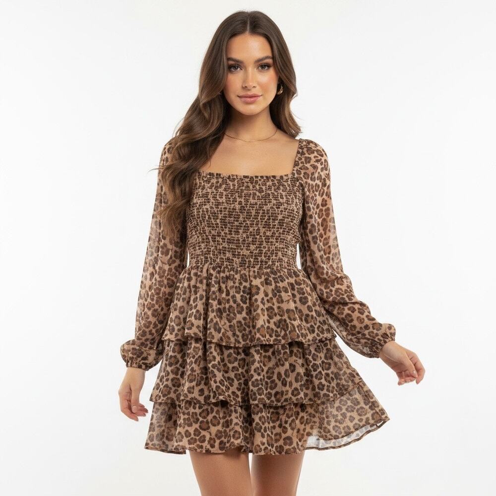 Express Leopard Smocked Romper Dress Skort Mini Y2K Coquette Medium Going Out